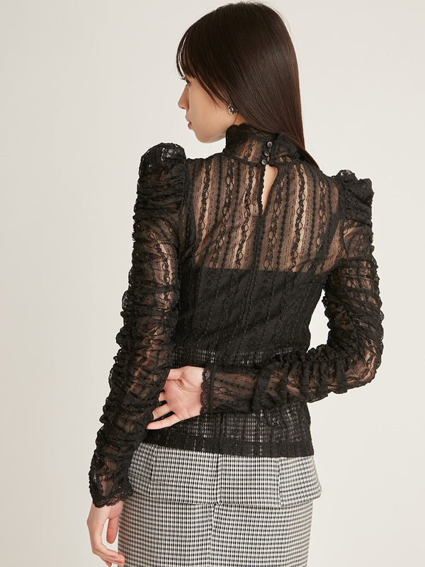 gathered puff sleeve lace pullover