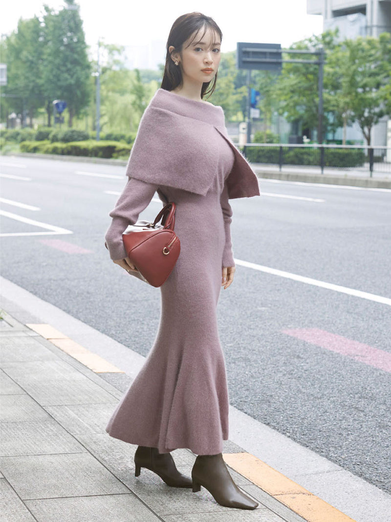 slit shawl off-shoulder dress